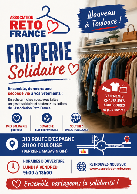 Affiche Friperie Solidaire Association Reto France — nouveau à Toulouse